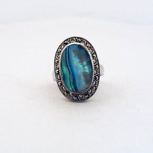 Vintage Sterling Silver 925 Abalone Oval Ring Size 8 Marcasite Accent Estate